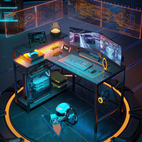 Bestier Gaming Desk with Power Outlets, 42" L-Shaped Gaming Desk with LED Lights, Desk with Reversible Storage Shelves & Hooks for Small Spaces, Bedrooms & Offices,Black Marble Bestier