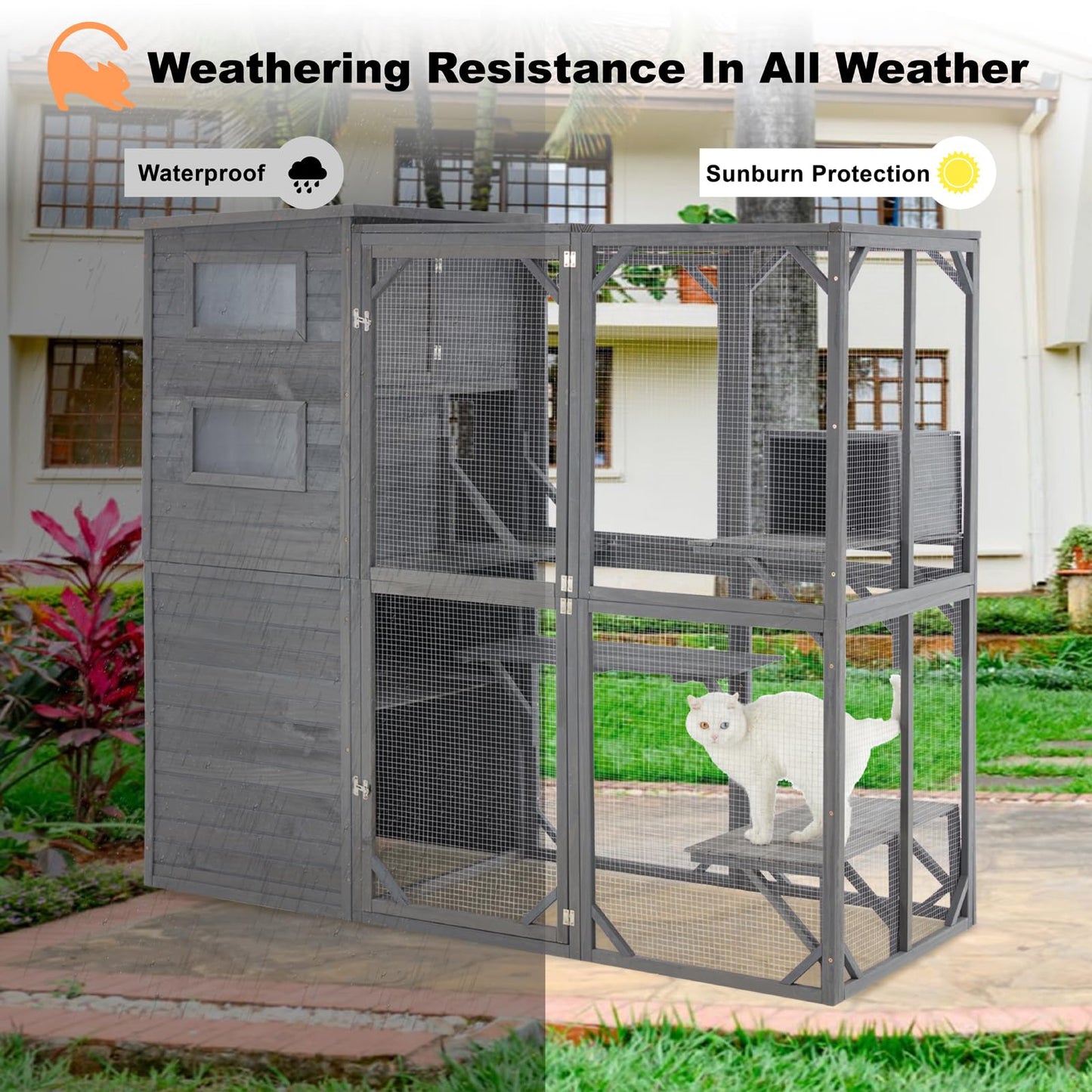 MDEAM Large Cat Catio Outdoor Weatherproof Cat Enclosure with Resting Boxes,Platforms,Windows,70" H*32" W*77" L,Grey