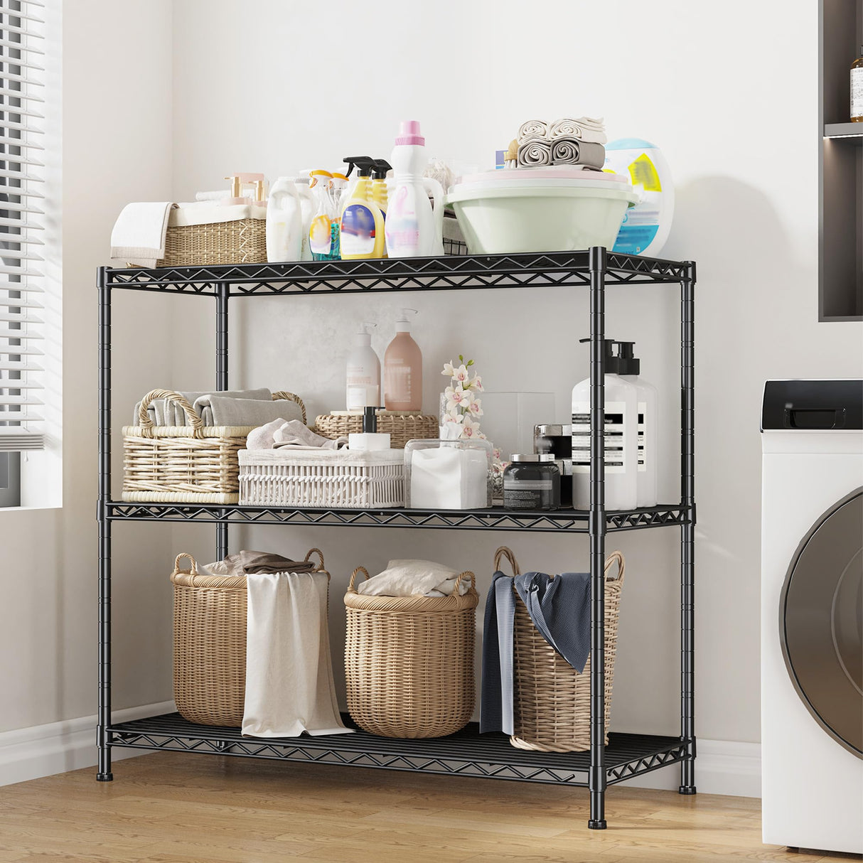 DurayLoly 3- Shelf Metal Shelving Unit 35.6Wx14Dx36H Adjustable Storage Shelves Heavy Duty Garage Shelving Steel Wire Shelving for Laundry Bathroom Kitchen Pantry Closet Garage Black DurayLoly