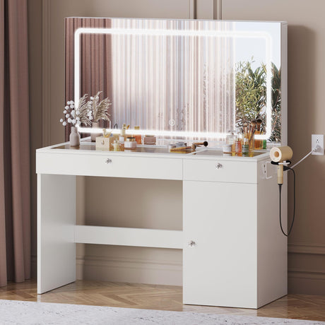 DWVO 47" W Vanity Desk with LED Light and Power Outlets, Large Makeup Vanity with Dividers and Hair Dryer Rack, 3 Level Storage Dresser Makeup Vanities Dressing Table for Bedroom, White DWVO
