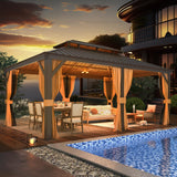 MELLCOM 12' x 18' Hardtop Gazebo,Galvanized Steel Metal Double Roof Gazebo with Curtain and Netting,Brown Permanent Pavilion Gazebo with Aluminum Frame for Patios,Gardens,Lawns MELLCOM