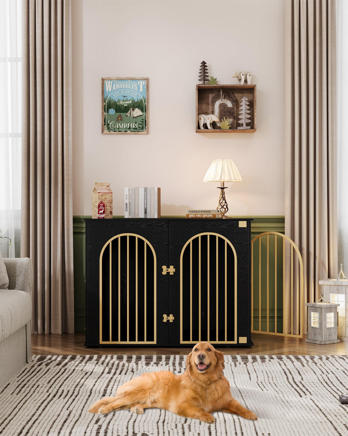 Hzuaneri 44.1'' Dog Crate Furniture, Dog Kennel Indoor Arched Door Design, 3 Door Wooden Dog Crate Furniture for Small/Medium/Large Dog, Side Table, TV Stand, Anti-Chew, Anti-Escape, Black Gold Hzuaneri