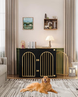 Hzuaneri 44.1'' Dog Crate Furniture, Dog Kennel Indoor Arched Door Design, 3 Door Wooden Dog Crate Furniture for Small/Medium/Large Dog, Side Table, TV Stand, Anti-Chew, Anti-Escape, Black Gold Hzuaneri