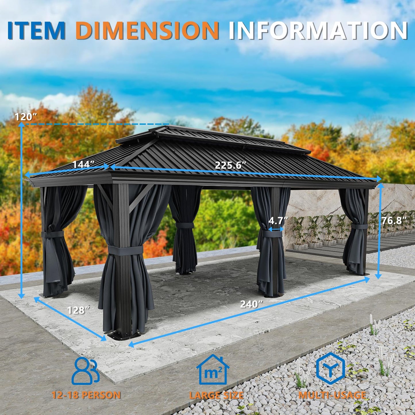 HOTEEL 12x20 Hardtop Gazebo with Heavy Duty Galvanized Steel Double Roof, Reinforced Aluminum Frame, Flame-Resistant Curtains and Netting, Outdoor Gazebo for Patio, Lawn, & Garden, Black (Upg - WoodArtSupply