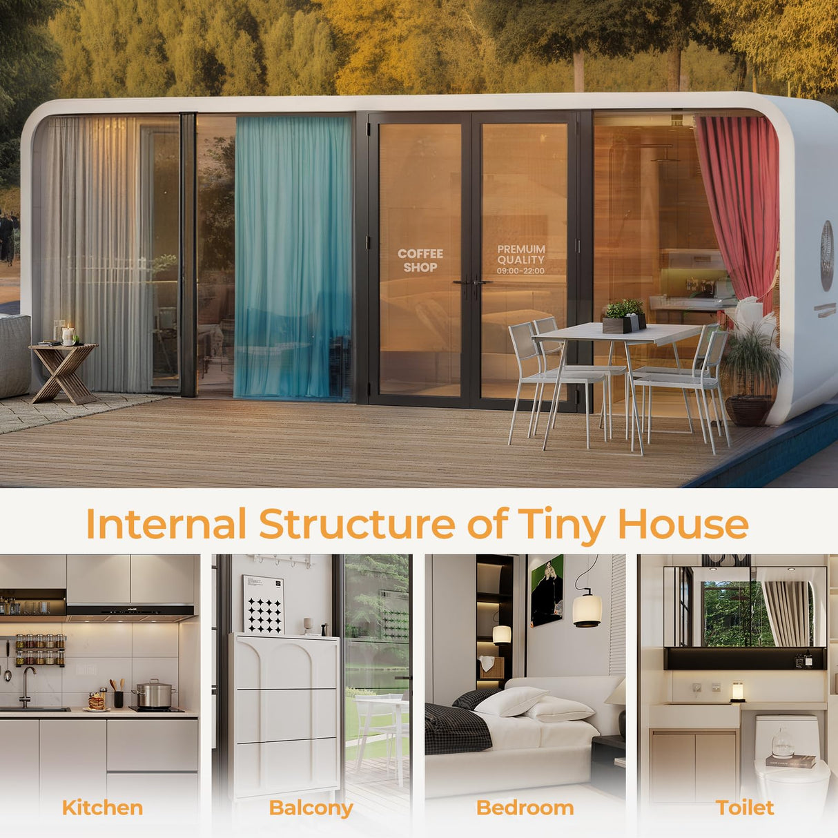 AMGUI Luxury Modern prefab Cabin - 19ft Mobile Capsule with Bedroom, Kitchen and Bathroom, Storm Resistant prefab Cabin -16 Typhoon and 12 Earthquake Proof Mobile Cabin for Travel and Outdoor Living AMGUI