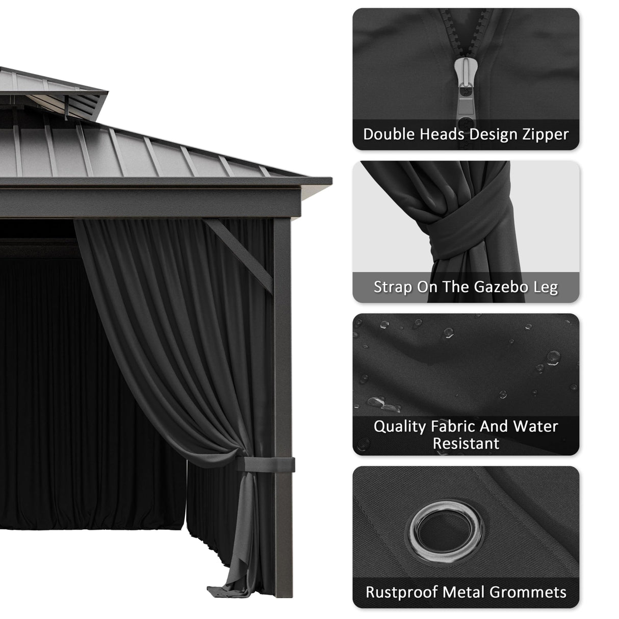 12'x 20 Gazebo Curtains Outdoor Waterproof with Hanging Rings, 4-Panel Double Zipper Sidewalls Universal Replacement Privacy Curtain, Outdoor Gazebo Curtains for Patio, Backyard(Curtains Only) Snubbull