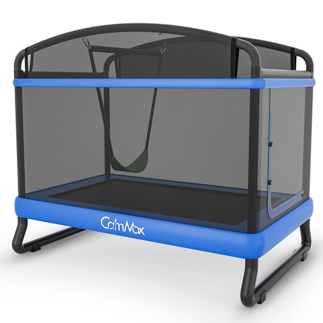 6FT Rectangle Toddler Trampoline with Swing & Horizontal Bar, Enclosure Safety Net, ASTM Approved – Indoor/Outdoor Kids Trampoline, Blue Calmmax
