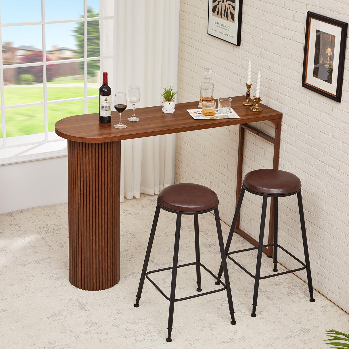 55" Long Bar Table, Fluted Wood Counter Height Pub Table, High Top Kitchen Breakfast Bar Tables with Sturdy Metal Frame, Modern Bar Height Dining Table for Bistro, Dining Room, Living Room YZRSTY