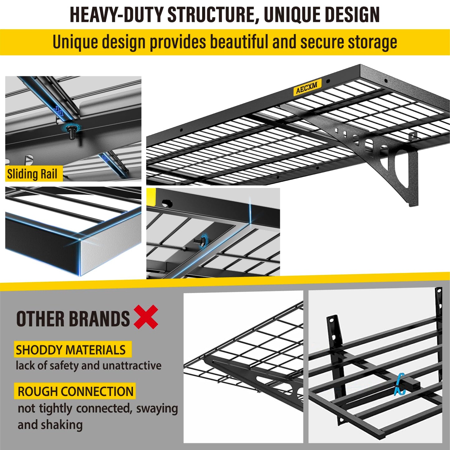 Aecxm 4 Pack-1.64x4ft Wall Garage Storage Shelf, Adjustable Sliding Rail Design Garage Wall Shelf, for Tool Room, Storage Garage Wall Storage Shelf (Black)