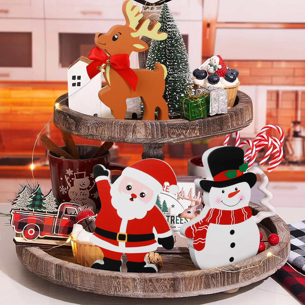 COCHIE Snowman Christmas Decorations Indoor, Cute Snowman Winter Tiered Tray Decor Set of 3, Wooden Snowman Blocks Xmas Table Decoration for Party Home Office Shelf Door (Santa Claus Reindeer) COCHIE
