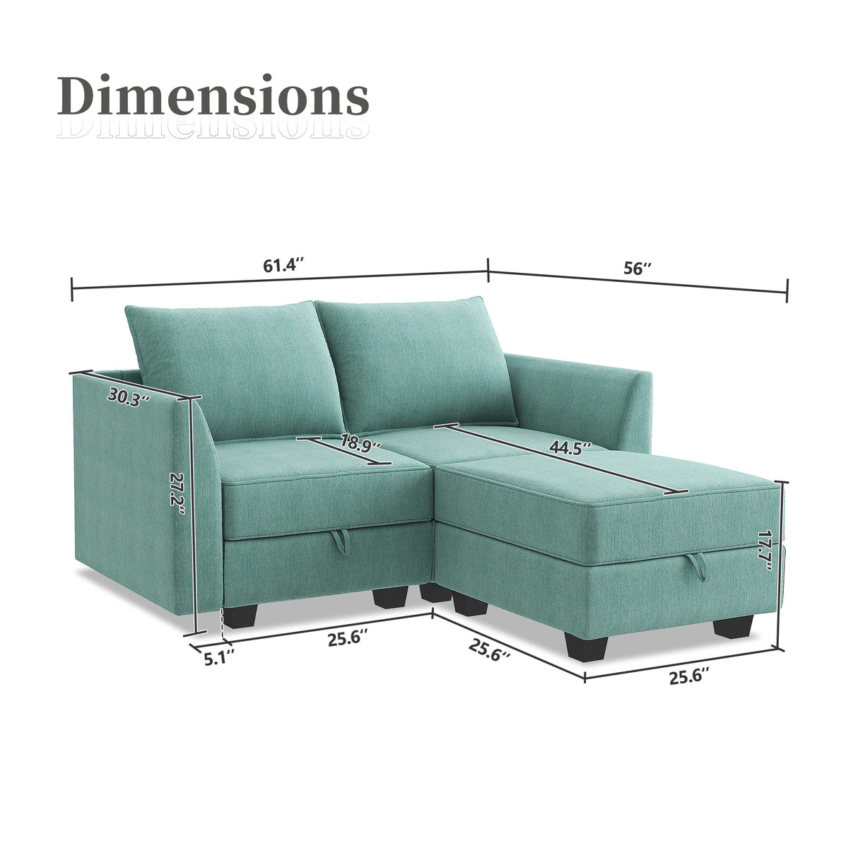 HONBAY Modular Sectional Sofa 2 Seater Couch with Chaise L Shaped Modular Sofa for Small Apartment, Aqua Blue HONBAY