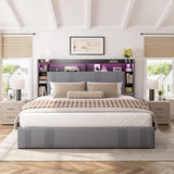 EnHomee King Size Bed Frame with 4 Storage Drawers, Upholstered Platform King Bed Frame and Headboard, King Bed Frame with LED Lights & Charging Station, Noise Free,No Box Spring Needed,Beige, Grey EnHomee