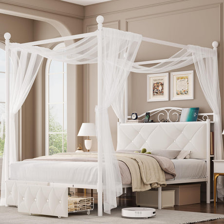 Queen Upholstered Canopy Bed Frame with 2 Drawers & Crystal Tufted Storage Headboard Metal Platform Bed with Charging Station & 4 Removable Posts No Box Spring Needed Curtain Not Included, Beige Keyluv