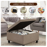 BAOMKONG Upholstered Square Ottoman, 30 Inch Linen Fabric Button Tufted Storage Ottoman with Wooden Legs Coffee Table with Nail Trims 4 in 1 Storage Chest Footrest Padded Seat End Table, Khaki BAOMKONG