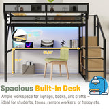 Mirightone Gaming Full Loft Bed with Desk and Stairs, Metal Lofts Bed Full Size with Upper Storage Shelf, High LoftBed with Light, USB Charging Station and Wardrobe for Adults, Teens, Black Mirightone