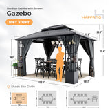 HAPPATIO 10' x 12' Hardtop Gazebo, Outdoor Gazebo with Netting and Curtains, Double Roof Permanent Patio Metal Gazebo Canopy with Storage Shelf for Patio, Deck, Backyard (Gray) HAPPATIO
