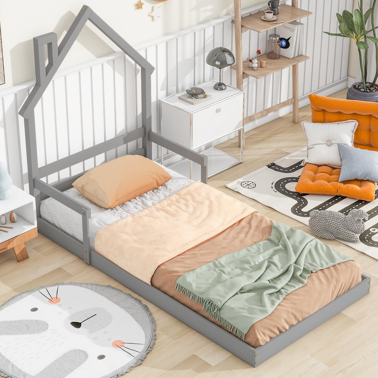 PVWIIK Twin Floor Bed with Roof & Safety Guardrails,Montessori Floor Bed for Boys Girls Bedroom,No Box Spring Needed, Grey PVWIIK