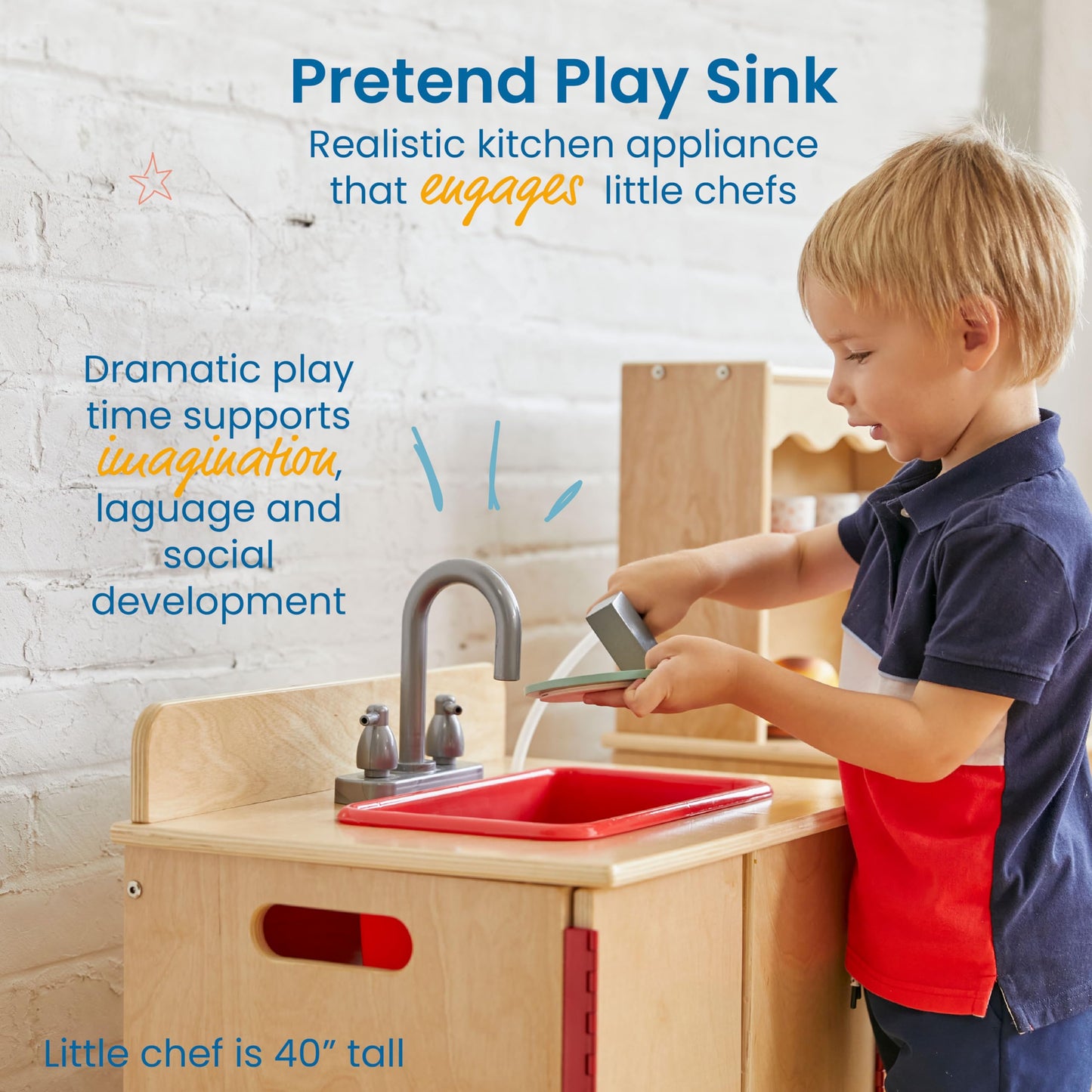 ECR4Kids Play Kitchen Sink, Wooden Playset, Natural