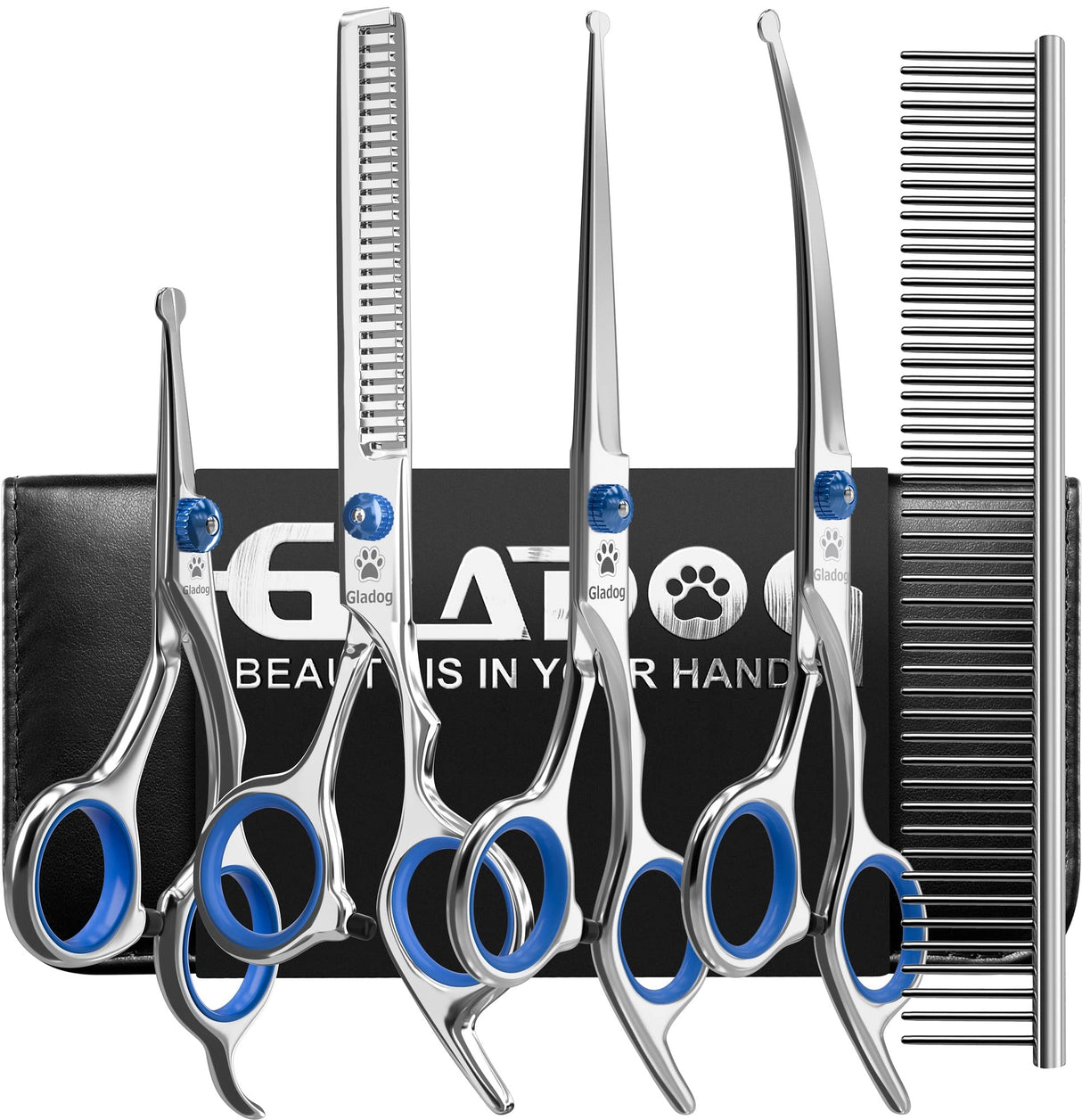 Dog Grooming Scissors Kit with Safety Round Tips, GLADOG Professional 6 in 1 Grooming Scissors for Dogs, Sharp and Heavy-duty Dog Grooming Shears for Dogs Cats Pets GLADOG
