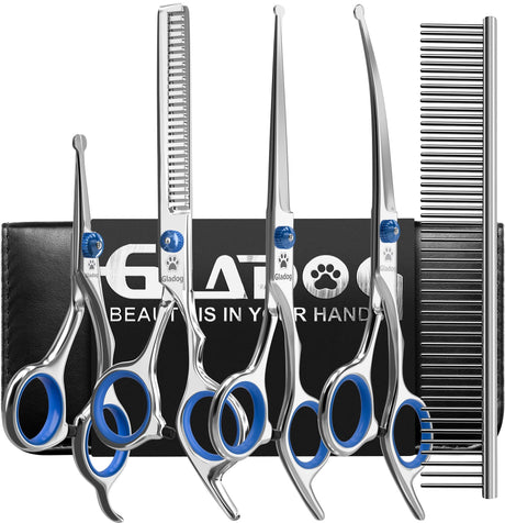 Dog Grooming Scissors Kit with Safety Round Tips, GLADOG Professional 6 in 1 Grooming Scissors for Dogs, Sharp and Heavy-duty Dog Grooming Shears for Dogs Cats Pets GLADOG