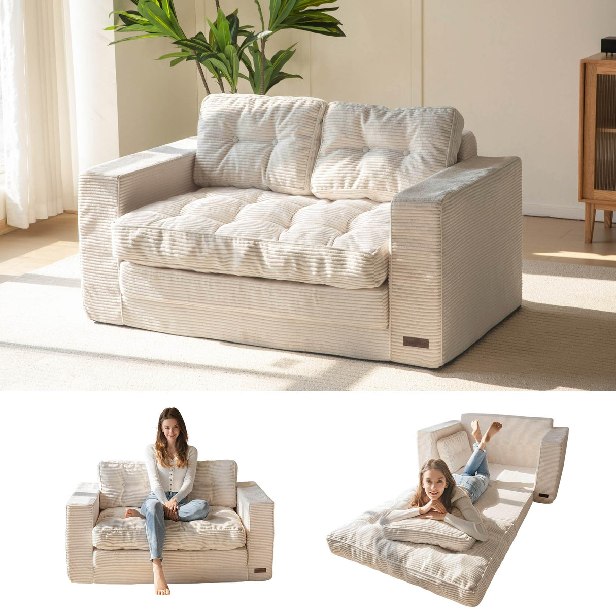MAXYOYO Convertible Sofa Bed, Pull Out Loveseat Sleeper Sofa, 2 in 1 Folding Couch Bed, Fold Out Floor Couch with Pillows for Living Room Bedroom Lounge, Beige MAXYOYO