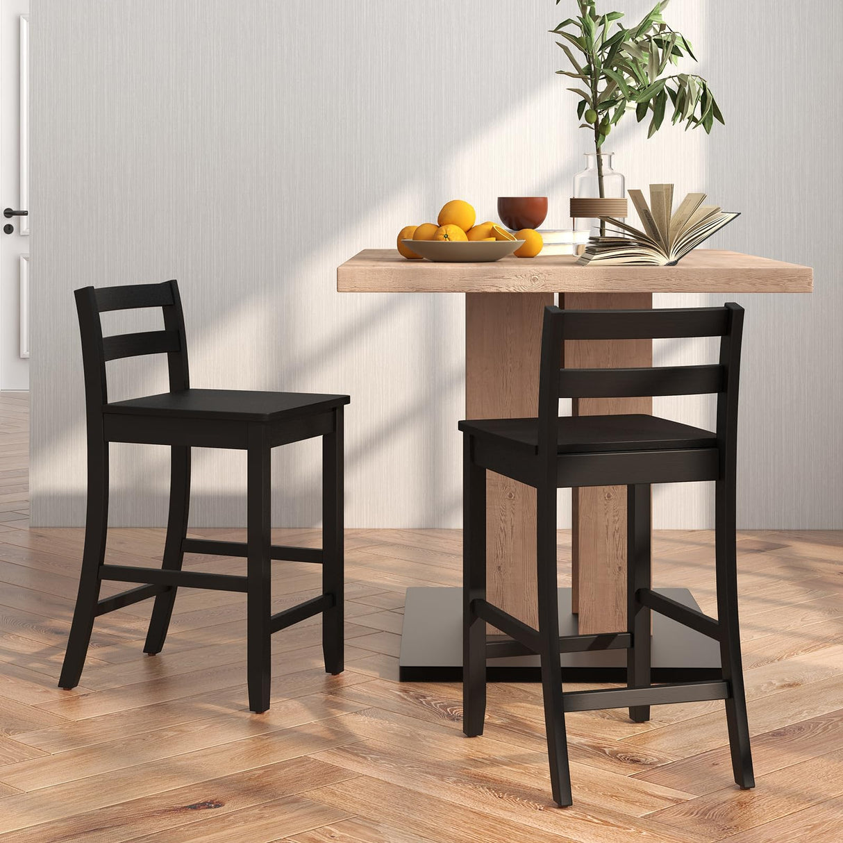 COSTWAY Wooden Bar Stools Set of 2, 24-Inch Counter Height Stools with Ergonomic Backrest & Footrest, Farmhouse High Dining Chairs for Kitchen COSTWAY