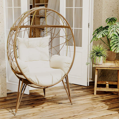 FKSLIFE Wicker Egg Chair with Stand Cushion Outdoor Indoor Lounger Egg Basket Chair for Living Room, Backyard, Balcony, Patio (Beige) - WoodArtSupply