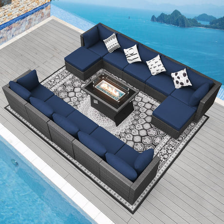 NICESOUL® 13 Pcs Luxury Large Patio Furniture Set with Natural Gas/Propane Fire Pit Table, 29.3" High Back Outdoor Conversation Set, Deep Seating PE Wicker Sectional Sofa Navy NICESOUL