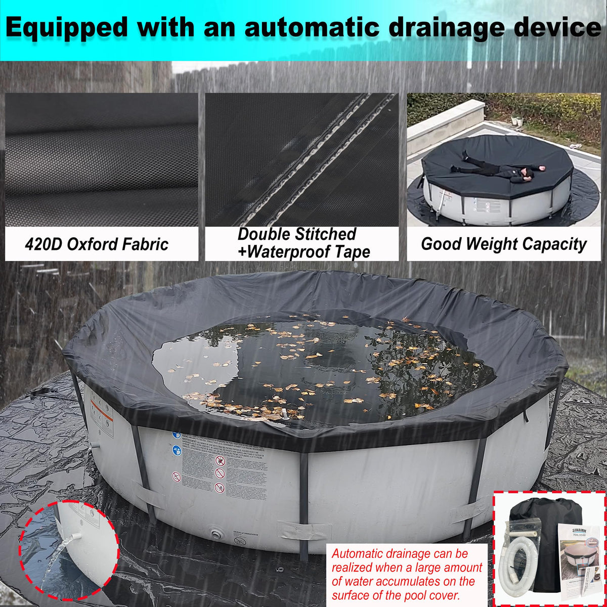 SIHAIAN 20 Ft Pool Cover, with Automatic Drain Round Pool Cover, One-Piece Quick Installation and Removal Above Ground Pool Cover, Preventing Waterlogging, UV Protected Solar Swimming Pool Cover SIHAIAN