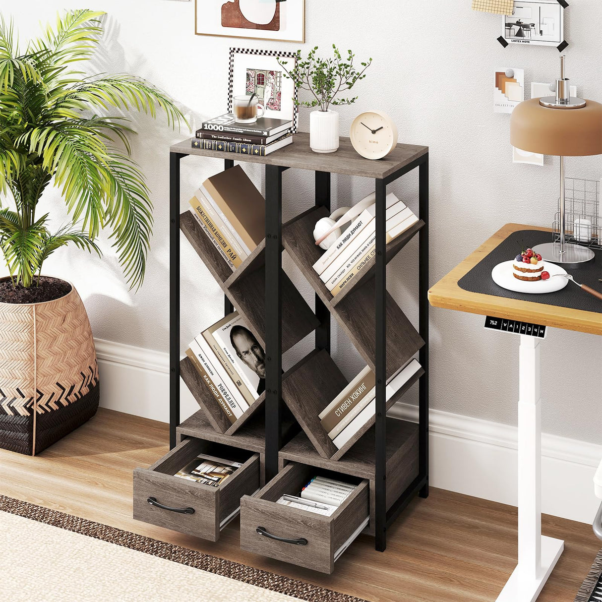 Giantex Tree Bookshelf with Drawer, 4-Tier Narrow Bookcase with Metal Frame, Tall Floor Standing Storage Organizer for Small Space, Wooden Display Shelves for Living Room, Bedroom, Study (1) Giantex