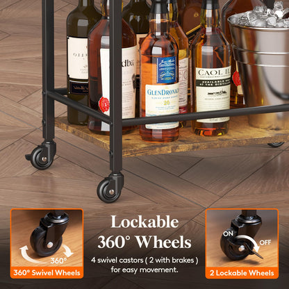 Lifewit Bar Cart for The Home, 3 Tier Small Rolling Wine Cart, Drink Serving Cart with Lockable Wheels, Mini Liquor Utility Cart for Kitchen Dining Living Room, 17" x 11.8" x 32.1", Rustic Br - WoodArtSupply