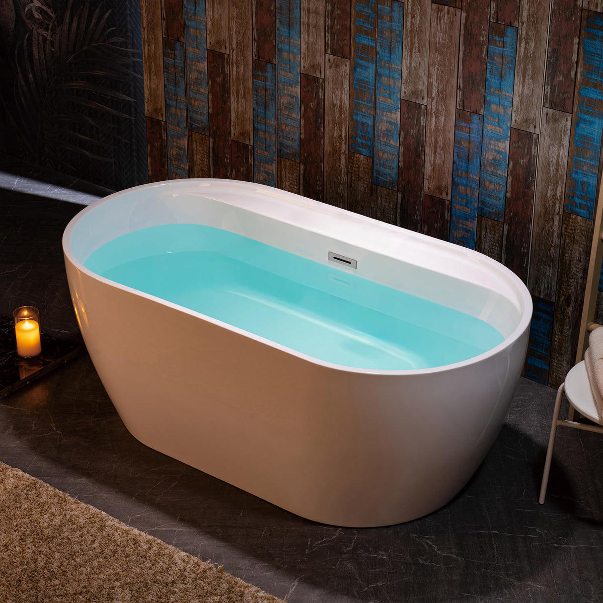 WOODBRIDGE 59" Acrylic Freestanding Bathtub Contemporary Soaking White Tub with Chrome Overflow and Drain,B0064-C WOODBRIDGE