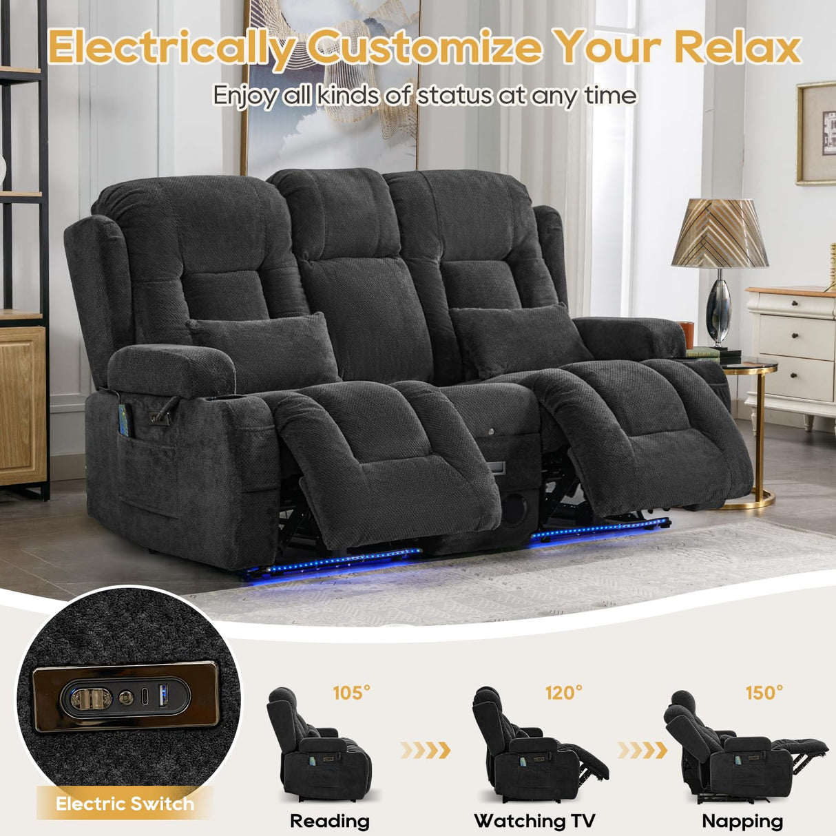 IPKIG Power Loveseat Recliner Sofa with Flip-Up Backrest Console, Drawer, AC Outlet, LED Light, Bluetooth Speakers, Wall Hugger Recliners for Living Room, RV, Home Theater (Charcoal, Loveseat) IPKIG