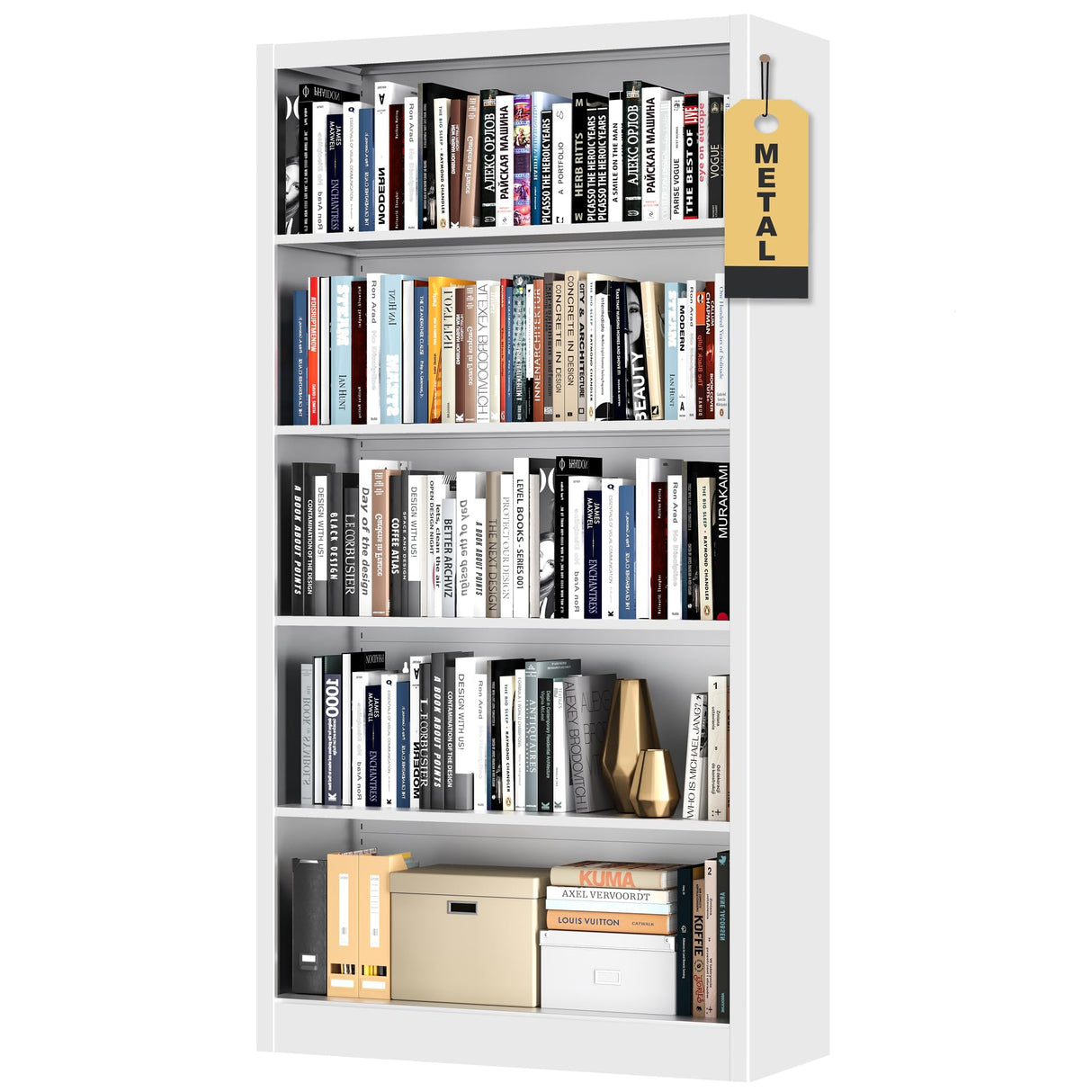 OSEILLC Bookcase,5 Tier White Bookshelves,66" Tall Free Standing Metal Bookcase with Adjustable Storage Shelves, Industrial Wide Bookshelf for Bedroom Living Room Home Office School OSEILLC
