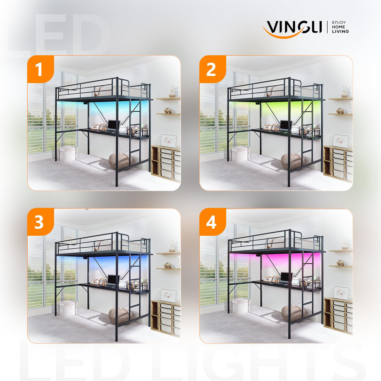 VINGLI Twin Size Metal Loft Bunk Bed Frame for Kids Teens Adults with Desk Underneath,2 Charging Station,LED Lights,Safety Guardrail and Stair,No Box Spring Needed,Black VINGLI