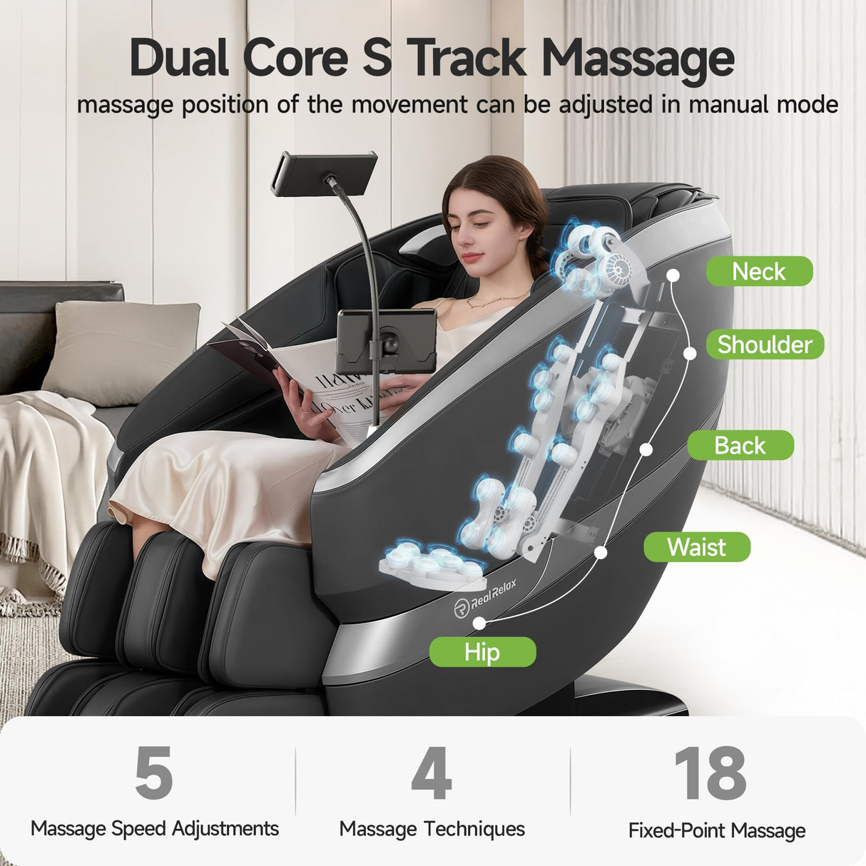 Real Relax 2025 Massage Chair Full Body,Zero Gravity Dual Core S-Track Shiatsu Massage Recliner,Back and Calf Heating with Phone Holder,Rocking Function,12 Auto Modes,Bluetooth,FS01 Pro Gray and Black Real Relax
