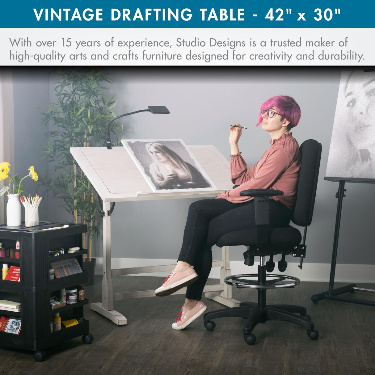 Studio Designs Wood Drawing/Drafting Table with Pencil Ledge - 42" W x 30" D - Whitewash - Tilting Top Adjustable Desk SD STUDIO DESIGNS