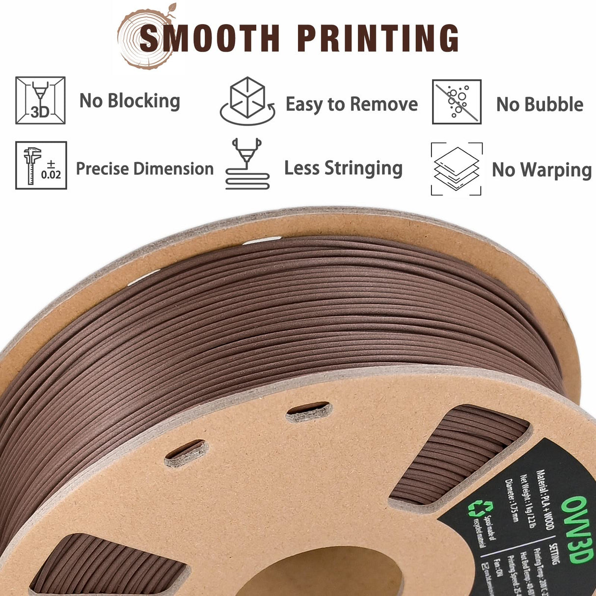 OVVNYXE OVV3D Wood PLA Filament 1.75mm, Black Walnut Wood 3D Printer Filament, Wood Add More Than 30% Real Wood Fiber, Matte and Frosted 1.75 Wood Printing 1kg OVVNYXE