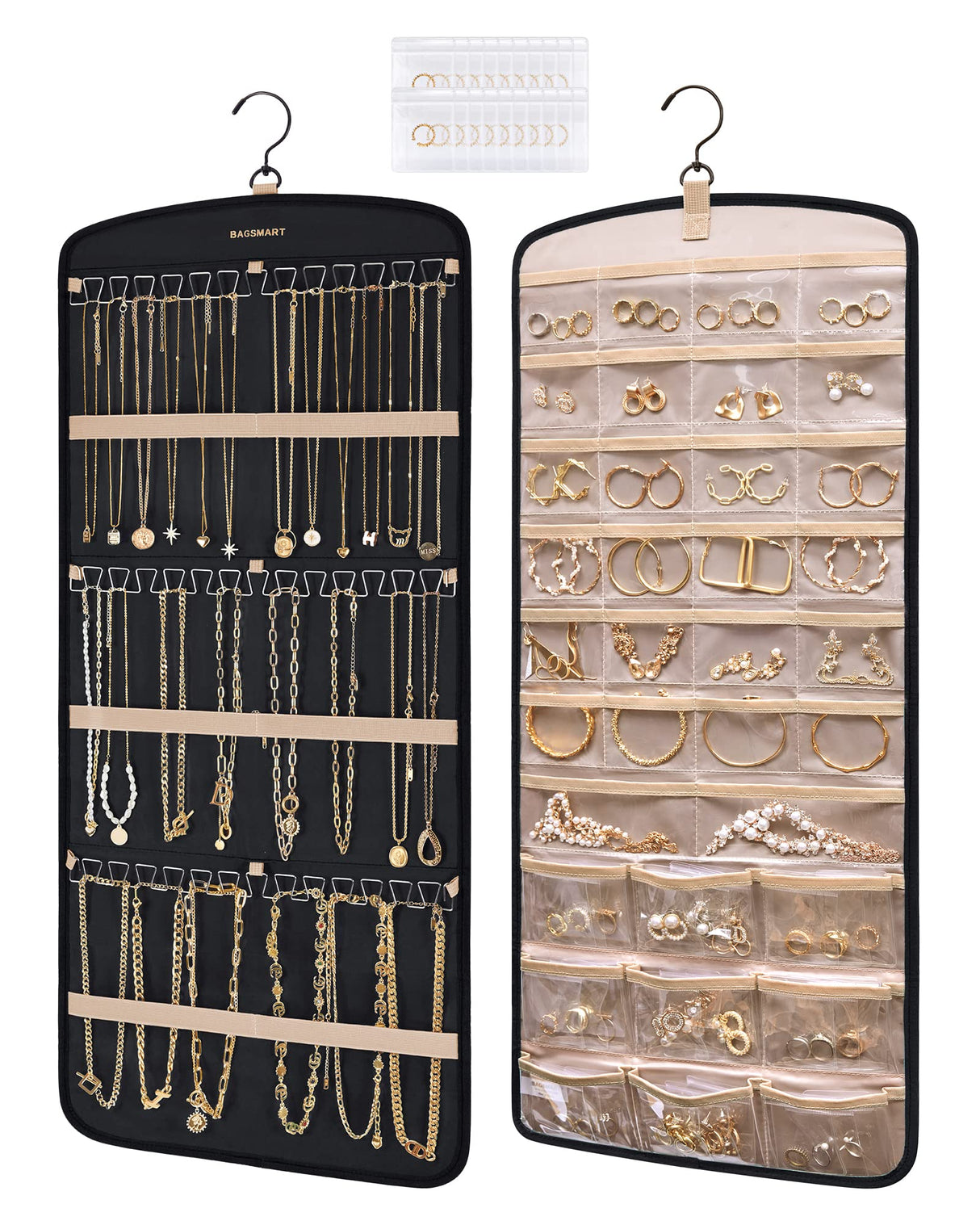 BAGSMART Hanging Jewelry Organizer, Necklace Holder Anti-tangle Earrings Rings Hanger with 20 Jewelry Bags Travel Storage Roll with Pockets Hang on Closet, Wall, Door,1 Piece, Large, Black BAGSMART
