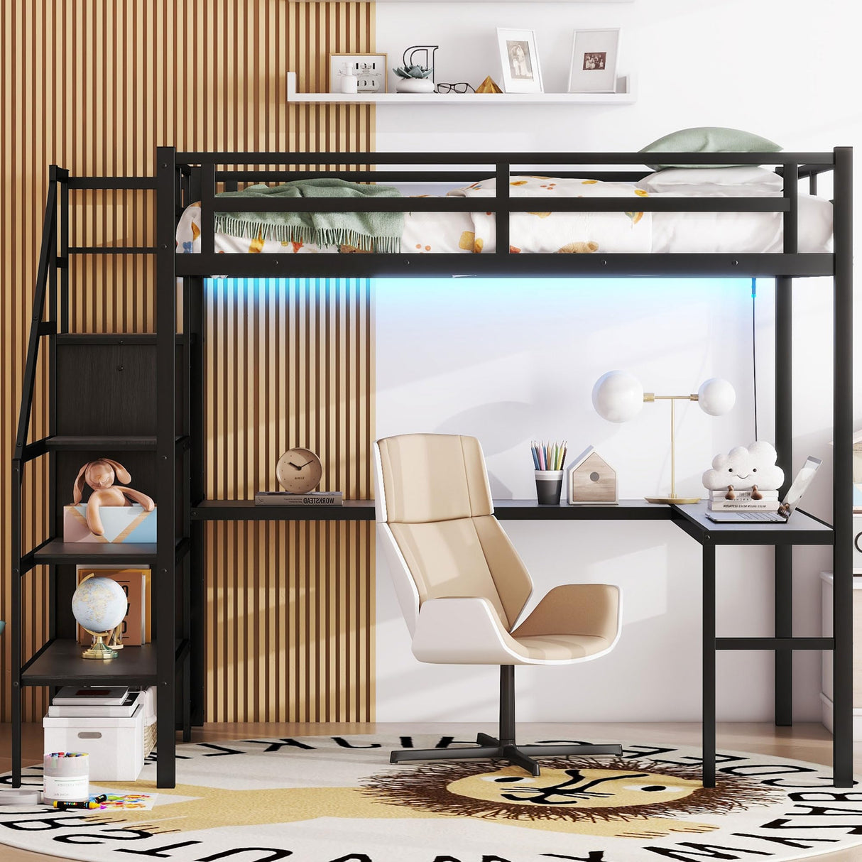 Full Size Loft Bed with Desk and Storage Shelf, Full Size Loft Bed with Stairs and Wardrobe, Full Loft Bed with Charging Station and RGB LED Light, Metal Loft Bed for Adults, Teens, Kids(Black Full) Bellemave