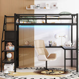 Full Size Loft Bed with Desk and Storage Shelf, Full Size Loft Bed with Stairs and Wardrobe, Full Loft Bed with Charging Station and RGB LED Light, Metal Loft Bed for Adults, Teens, Kids(Black Full) Bellemave
