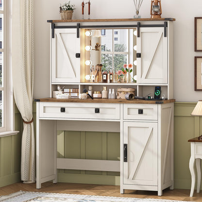 Farmhouse Vanity Desk with Mirror and Lights, 41" Sliding Door Makeup Vanity with Charging Station, Large Vanity Table with Drawers/Shelves/Cabinet Storage, Antique White - WoodArtSupply