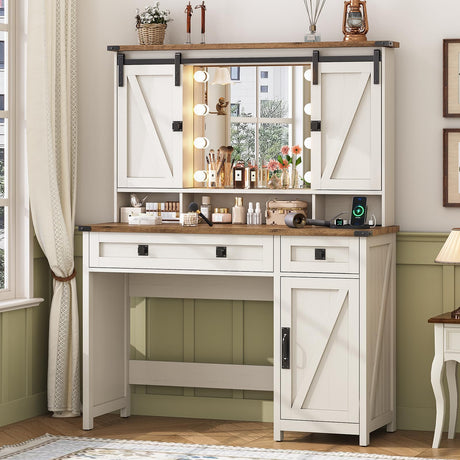 Farmhouse Vanity Desk with Mirror and Lights, 41" Sliding Door Makeup Vanity with Charging Station, Large Vanity Table with Drawers/Shelves/Cabinet Storage, Antique White MSmask