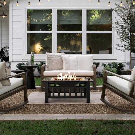 Devoko 32 inch Metal Outdoor Fire Pit Table Multiuse Square Patio BBQ Firepit with Spark Screen Lid and Waterproof Cover for Camping, Outside Wood Burning and Picnic Black Devoko