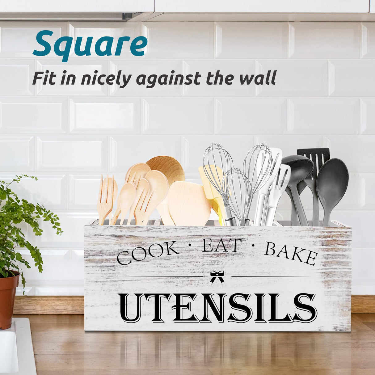 Suli Extra Large Kitchen Utensils Holder with 4 Compartments, Wooden Utensil Organizer for Kitchen Countertop, Farmhouse Kitchen Decor, Rustic Cooking Utensil - White grain Suli