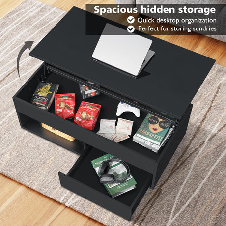 HOMMPA Lift Top Coffee Table with Storage LED Coffee Table Morden High Gloss Living Room 3 Tiers Modern Tea Table with Storage Center Tables Hidden Compartment & Open Shelve & Drawer Black HOMMPA