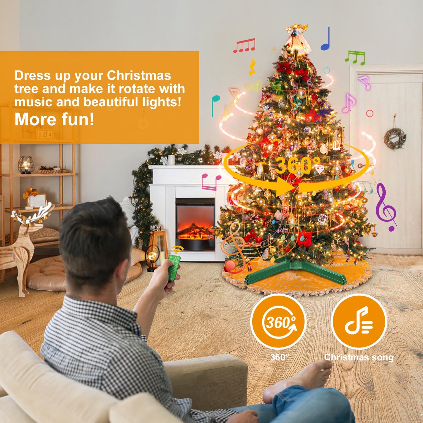 Rotating Christmas Tree Stand for 9 Ft Artificial Christmas Tree Remote Control 360° Spinning Christmas Tree Stand with Music 3 Built-in Electrical 2 USB Outlets Revolving Christmas Tree Stand