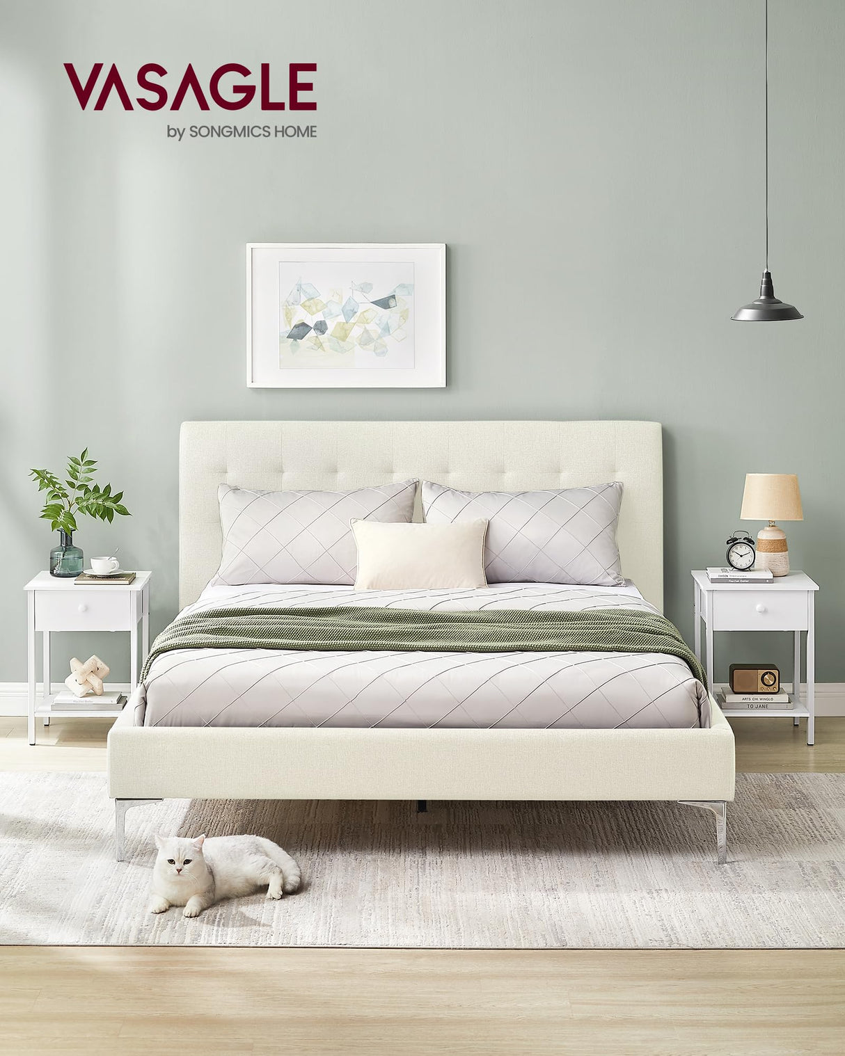 VASAGLE Nightstands Set of 2, End Tables, Side Tables with Drawer and Shelf, 15.7 x 15.7 x 21.7 Inches, Bedroom, Steel Frame, Easy Assembly, Modern, Matte White ULET506W14 VASAGLE