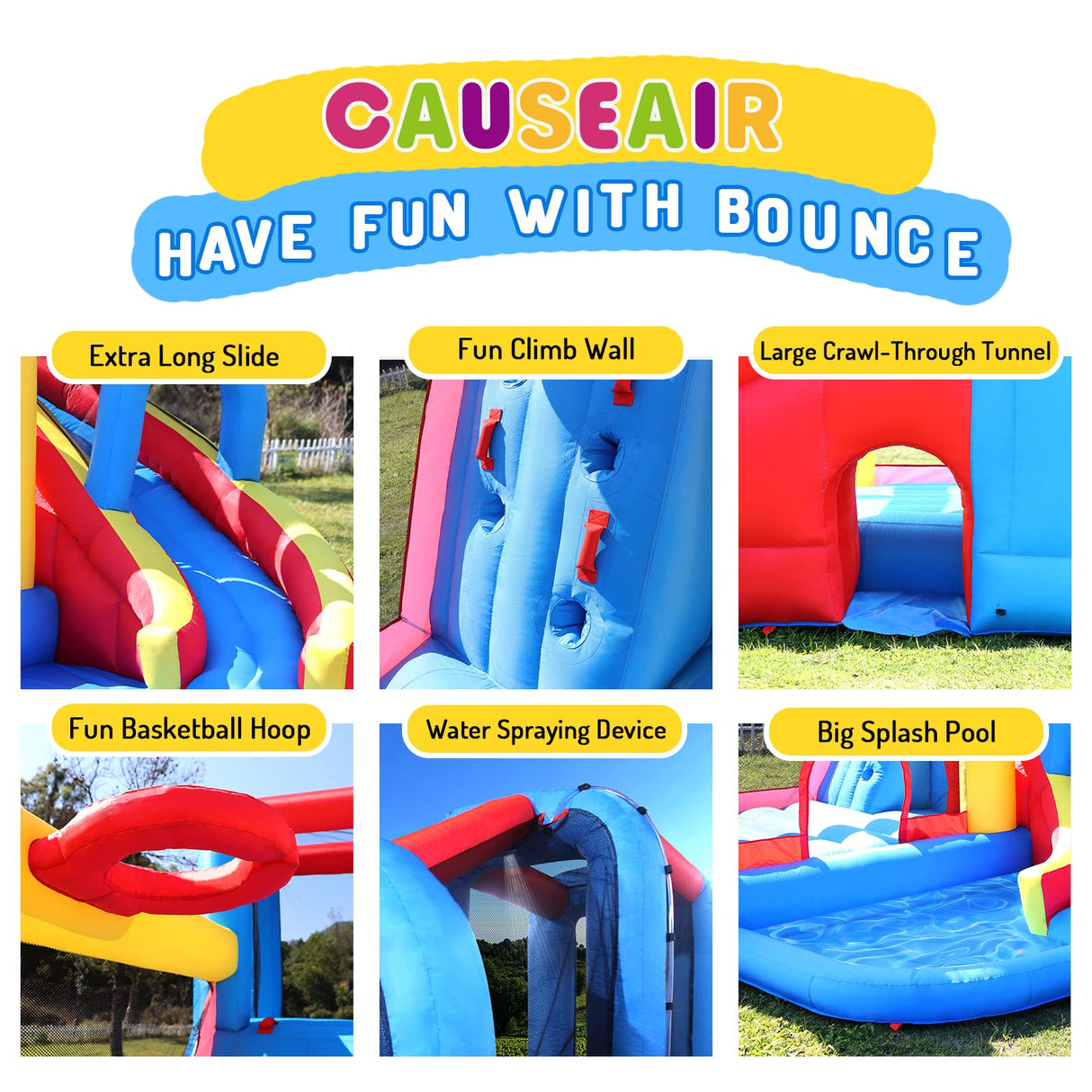 Causeair Giant Inflatable Bounce House with Water Slide,Wet & Dry Use,Basketball Hoop,Climbing Wall,Heavy Duty GFCI Blower,Bouncy Castle with Ball Pit causeair