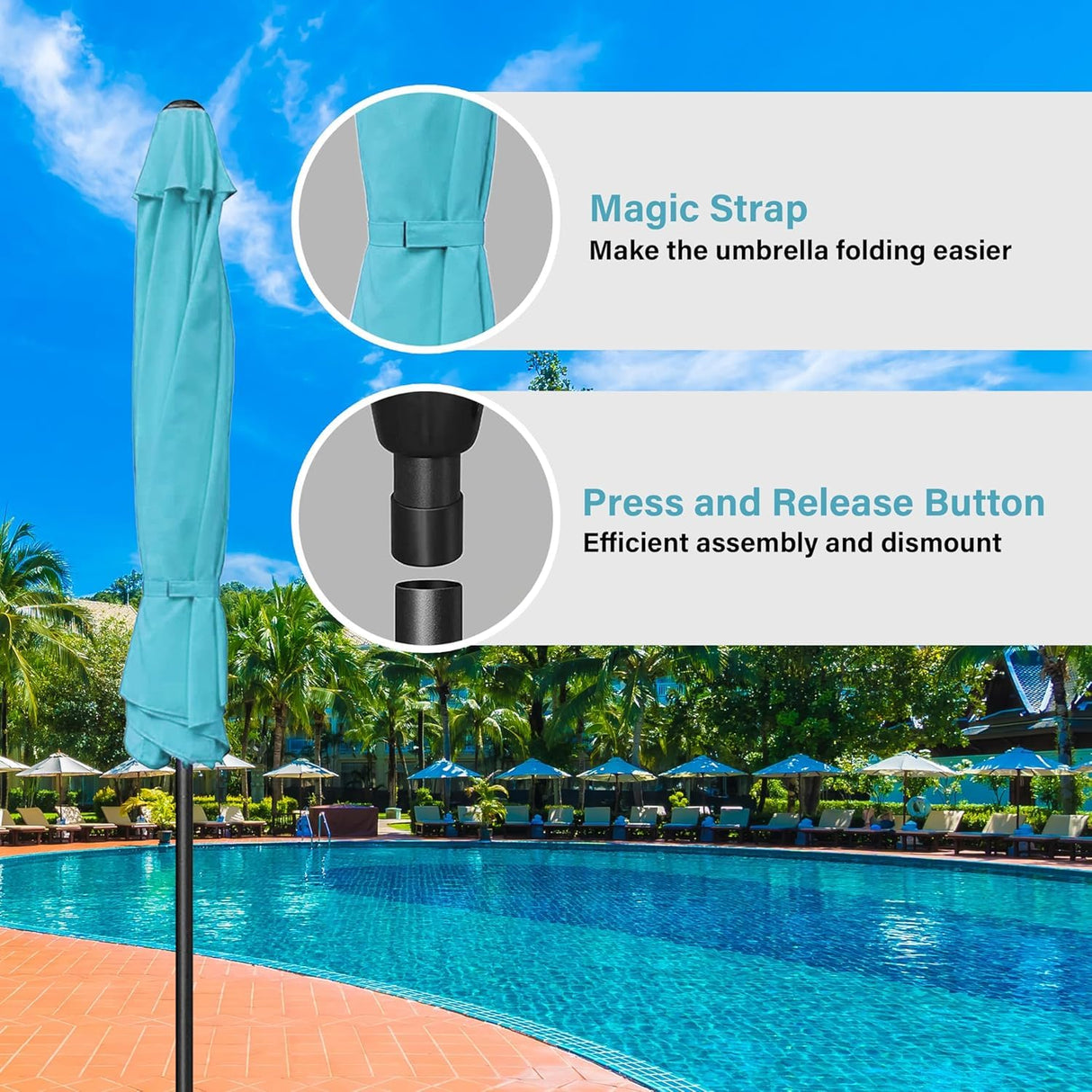 HealSmart 9' Outdoor Patio Umbrella, Market Table Umbrella with 8 Sturdy Ribs, Push Button Tilt and Crank for Garden, Yard, Pool, Turquoise HealSmart